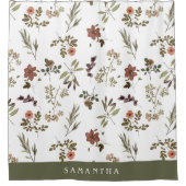 Green Burgundy Wildflower Monogram Name シャワーカーテン (正面)