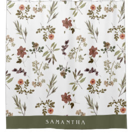 Green Burgundy Wildflower Monogram Name シャワーカーテン