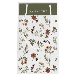 Green Burgundy Wildflower Monogram Name スモールペーパーバッグ