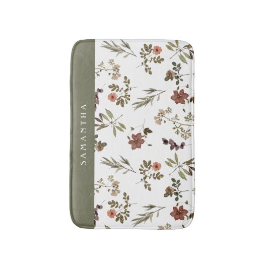 Green Burgundy Wildflower Monogram Name バスマット (正面縦)