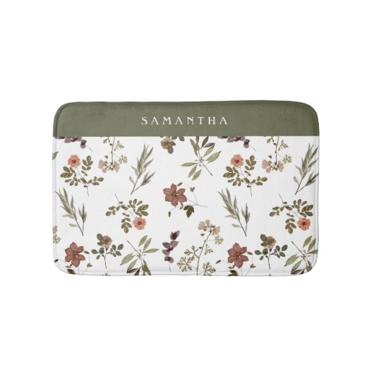Green Burgundy Wildflower Monogram Name バスマット (正面)