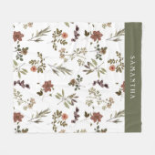 Green Burgundy Wildflower Monogram Name フリースブランケット (正面(横))