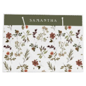 Green Burgundy Wildflower Monogram Name ラージペーパーバッグ (裏面)