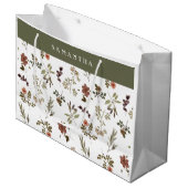 Green Burgundy Wildflower Monogram Name ラージペーパーバッグ (正面アングル)