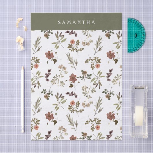 Green Burgundy Wildflower Monogram Name 薄葉紙 (クラフト)