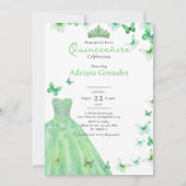 Green Butterflies Dress Tiara Photo Quinceanera 招待状 (正面)