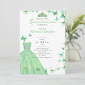 Green Butterflies Dress Tiara Photo Quinceanera 招待状 (スタンド正面)