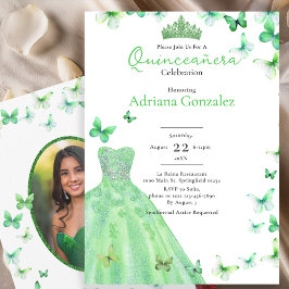 Green Butterflies Dress Tiara Photo Quinceanera 招待状