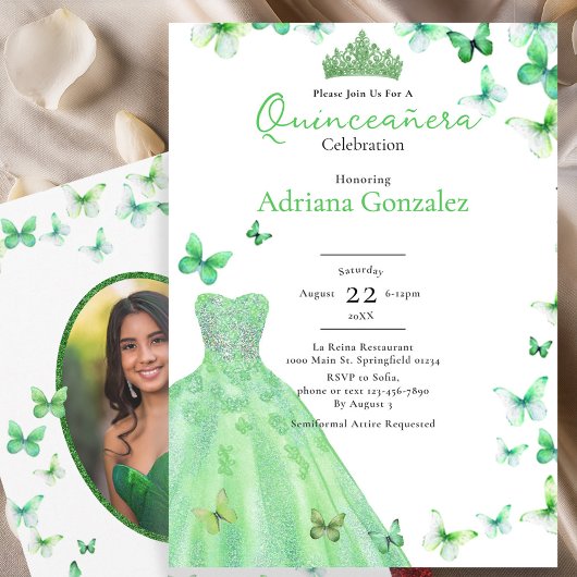 Green Butterflies Dress Tiara Photo Quinceanera 招待状