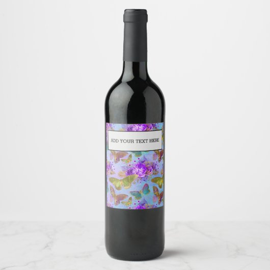 Green Butterfly Purple Rose Garden Pattern ワインラベル (正面)