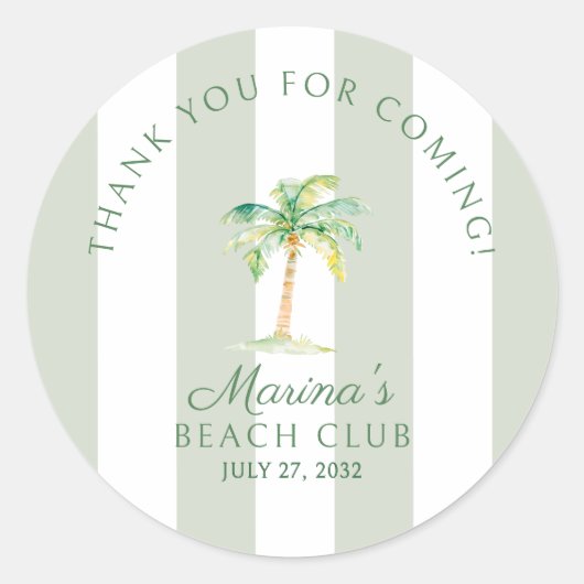 Green Cabana Stripes Palm Beach Club Thank You ラウンドシール (正面)