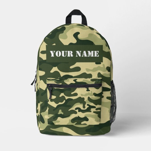 Green Camouflage camo Custom Name Printed Backpack プリントバックパック (正面)