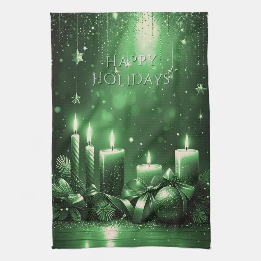 Green Candles Christmas Holiday Kitchen Towel キッチンタオル (縦)