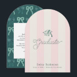 Green Cap Pink Stripes Bow Graduation Announcement 招待状<br><div class="desc">This preppy and coquette graduation announcement features a green graduation cap on a cream background with light pink stripes. Personalize it for your needs. You can find matching products at my store.</div>