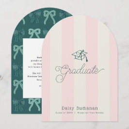 Green Cap Pink Stripes Bow Graduation Announcement 招待状