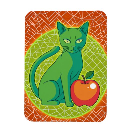 Green Cat with Apple – カラーポップ・アートの冷蔵庫用マグネット マグネット (縦)