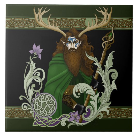 Green Celtic Antlers Man  タイル (正面)