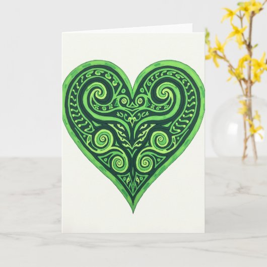 Green Celtic Heart Art Card カード (黄色い花)