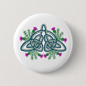 Green Celtic Knot with Purple Scottish Thistles 缶バッジ (正面)