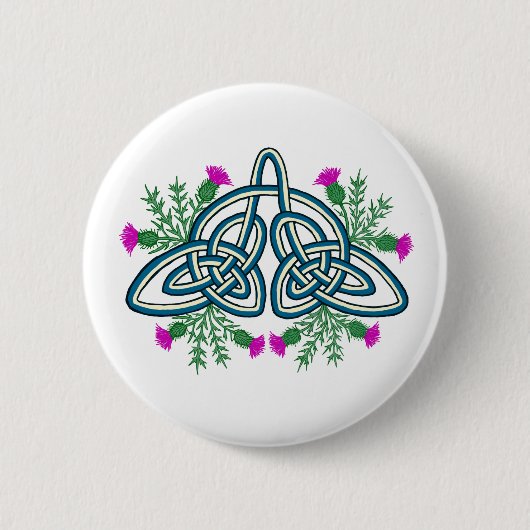 Green Celtic Knot with Purple Scottish Thistles 缶バッジ (正面)