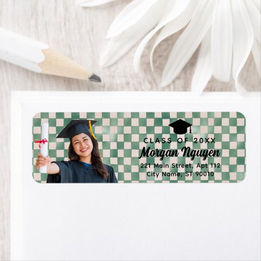 Green Check Custom Photo Graduate Return Address ラベル (インサイチュ)