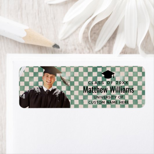 Green Check Custom Photo Graduation Return Address ラベル (インサイチュ)