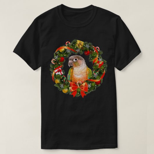 Green Cheek Conure Parrot Christmas Wreath Tシャツ (デザイン正面)