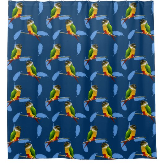 Green Cheeked Conure Vibrant Parrot Feathers Blue シャワーカーテン (正面)