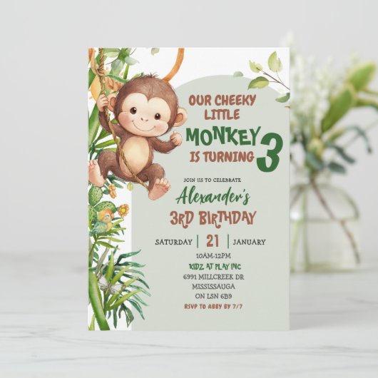 Green Cheeky Little Monkey Savannah Theme Birthday 招待状 (スタンド正面)