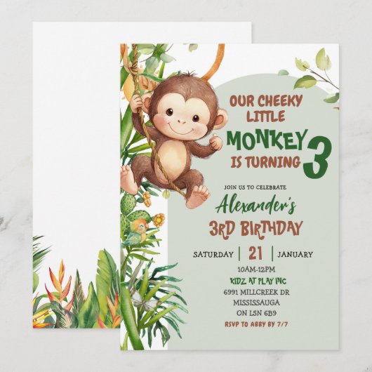 Green Cheeky Little Monkey Savannah Theme Birthday 招待状 (正面/裏面)