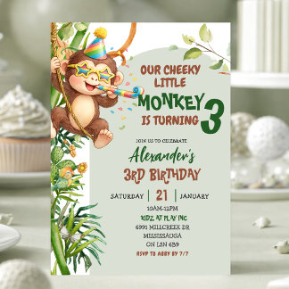 Green Cheeky Little Monkey Savannah Theme Birthday 招待状