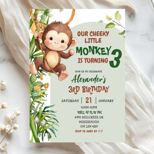 Green Cheeky Little Monkey Savannah Theme Birthday 招待状