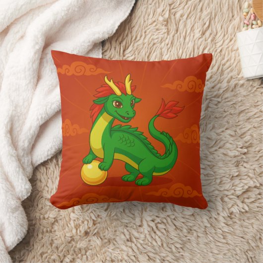 Green Chinese Dragon on Red クッション (ブランケット)