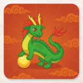 Green Chinese Dragon on Red スクエアペーパーコースター (正面)