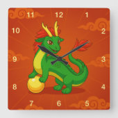 Green Chinese Dragon on Red スクエア壁時計 (正面)