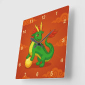 Green Chinese Dragon on Red スクエア壁時計 (傾斜)