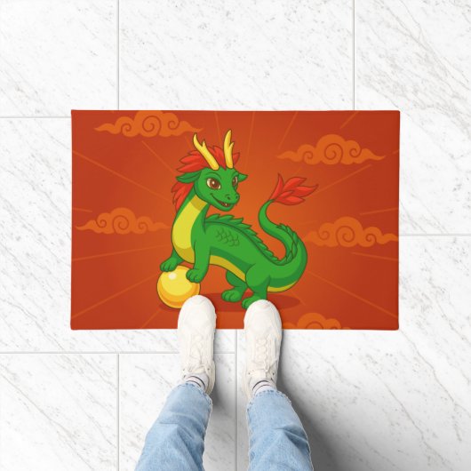 Green Chinese Dragon on Red ドアマット (室内)