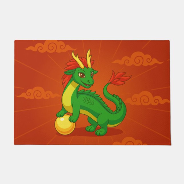 Green Chinese Dragon on Red ドアマット (正面)