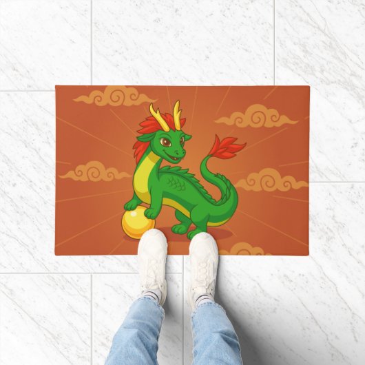 Green Chinese Dragon on Red ドアマット (室内)