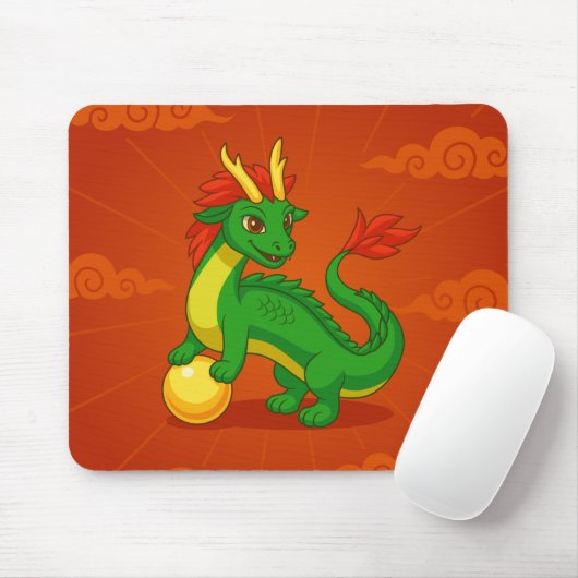Green Chinese Dragon on Red マウスパッド (マウス)