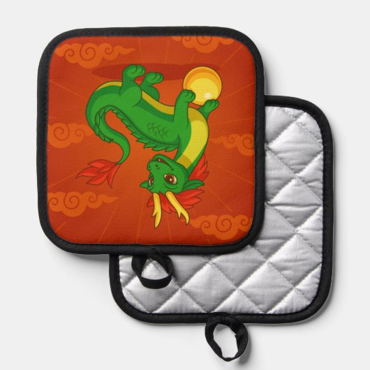 Green Chinese Dragon on Red 鍋敷き (正面/裏面)