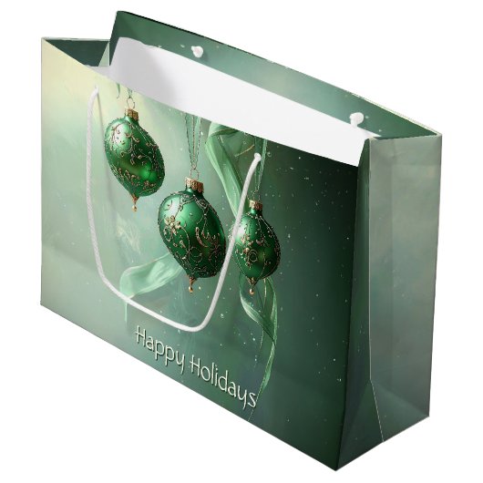 Green Christmas Ball Holiday Gift Bag ラージペーパーバッグ (正面アングル)