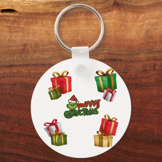 Green Christmas Creature with Gift Boxes キーホルダー (正面)