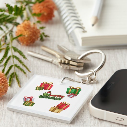 Green Christmas Creature with Gift Boxes キーホルダー (正面右)