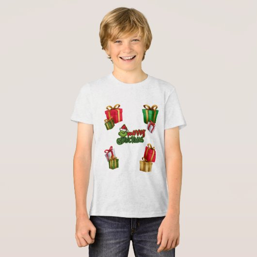 Green Christmas Creature with Gift Boxes トライブレンドTシャツ (正面全面)