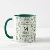 Green Christmas Doodle Monogram and Name マグカップ (左)