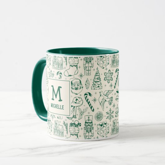 Green Christmas Doodle Monogram and Name マグカップ (正面左)