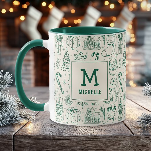 Green Christmas Doodle Monogram and Name マグカップ