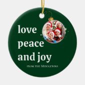 Green Christmas Family Photo Love Peace Joy セラミックオーナメント (正面)