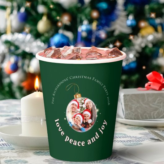 Green Christmas Family Photo Love Peace Joy  紙コップ